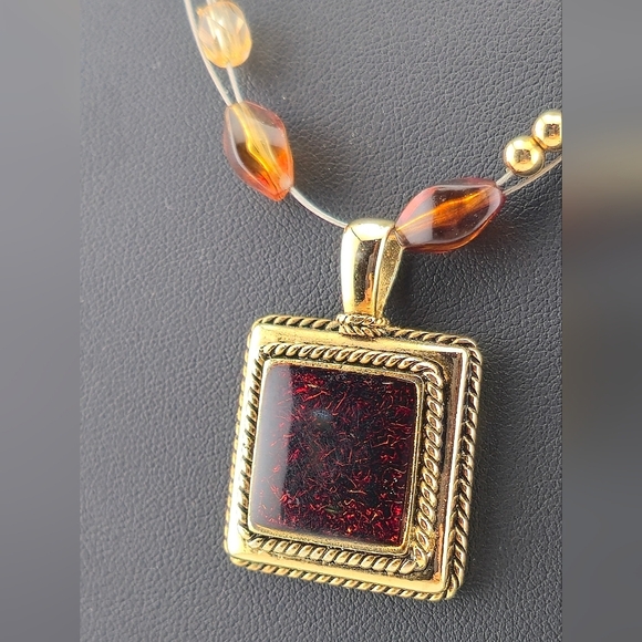 Vintage Gold Tone Pendant Necklace Multi-Strand Wire Beaded Amber Glass Look - Picture 6 of 8